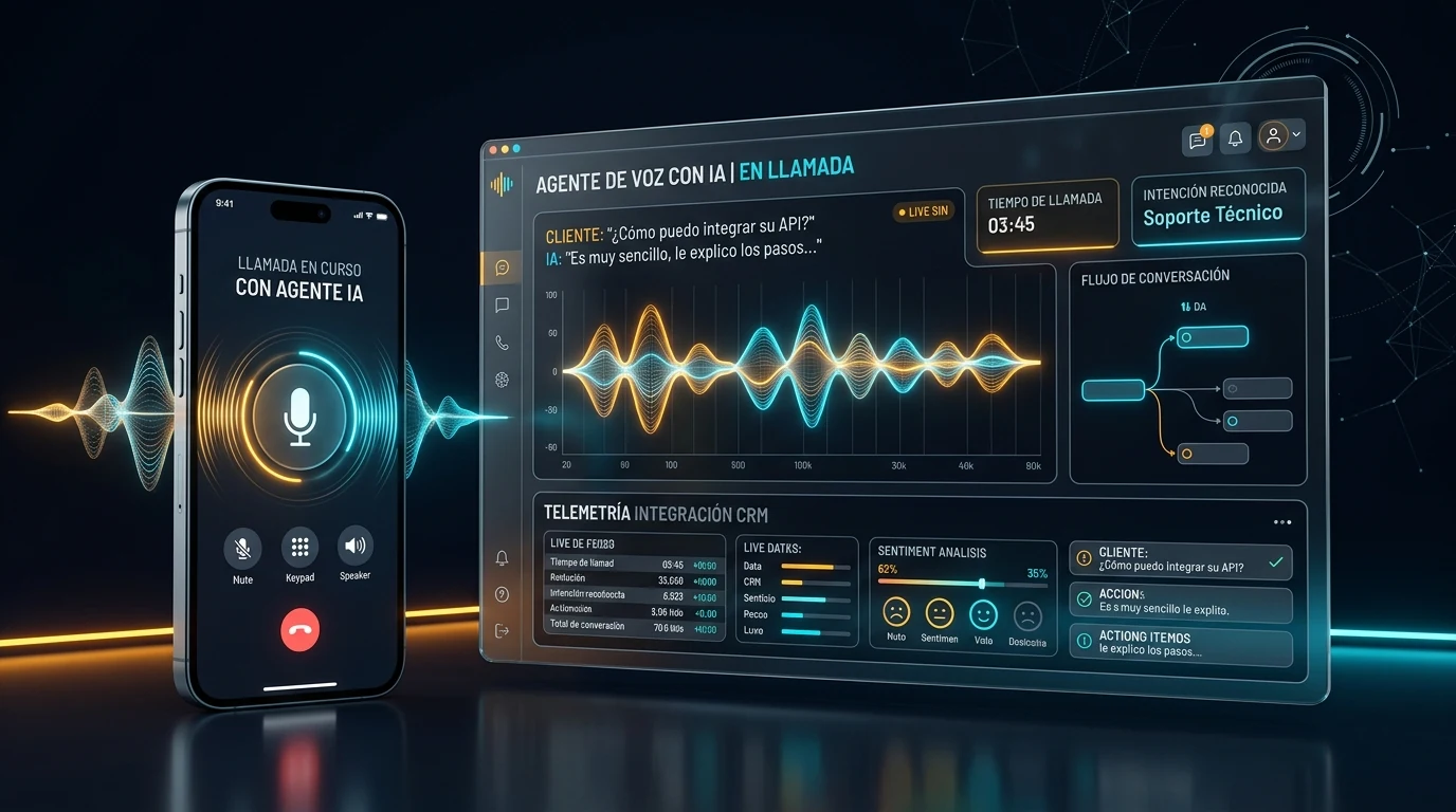 Showcase del Agente de Voz con IA en llamada activa y telemetría